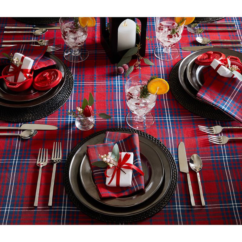 Solino Home 100% Pure Linen Red and Navy Tartan Plaid Tablecloth