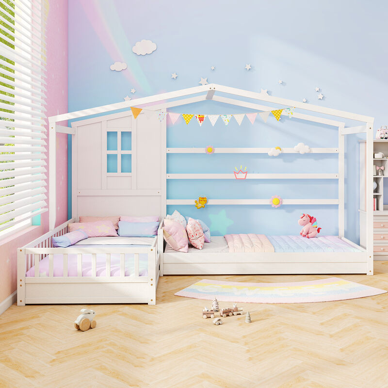 L-shaped Double House Platform Beds with Fences Corner Bed Frame