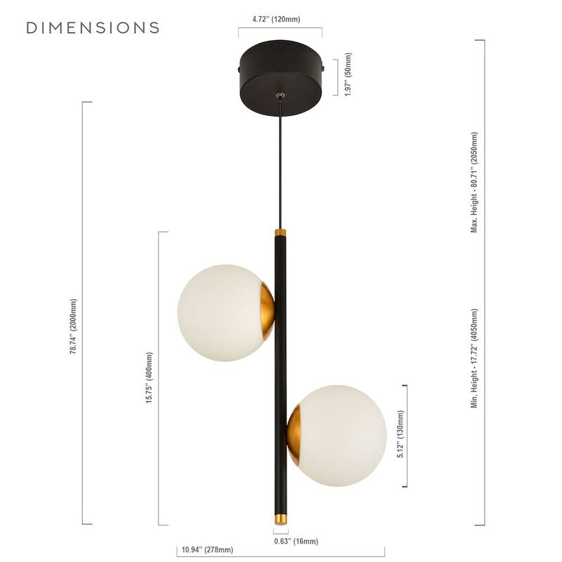 VONN Lighting 2-Light Integrated LED Height Adjustable Black Pendant Lighting