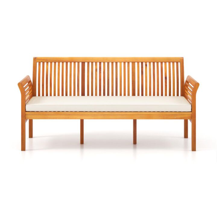 Hivvago 62.5 Inches Patio 3-Seat Wood Bench with Soft Seat Cushions-White