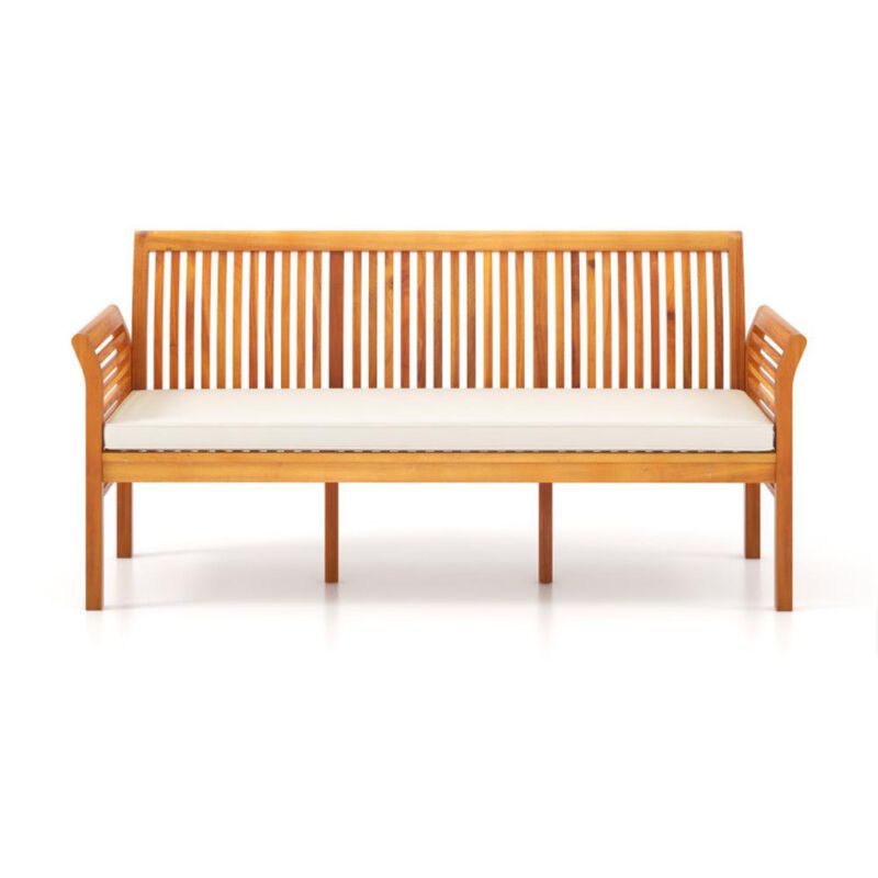 Hivvago 62.5 Inches Patio 3-Seat Wood Bench with Soft Seat Cushions-White