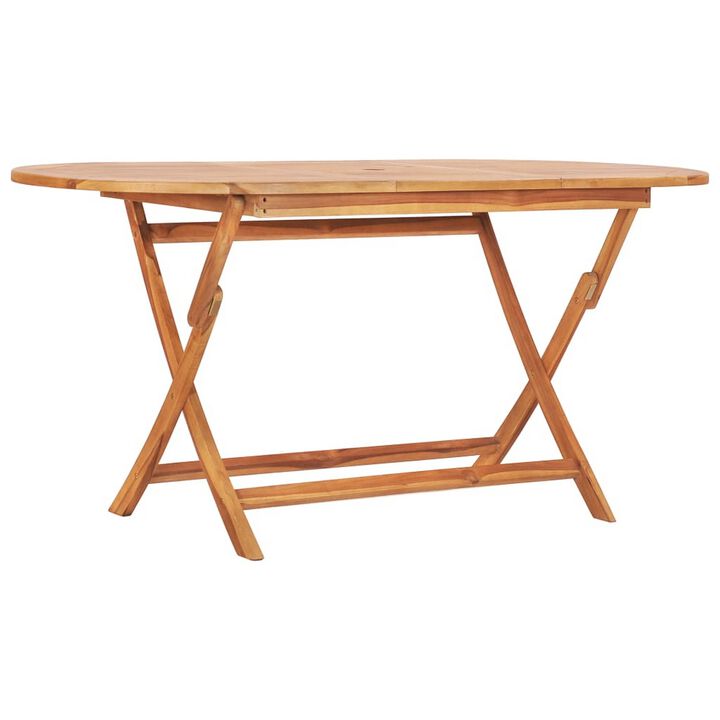 Outdoor Folding Dining Table, Slatted, X Legs, 63 Inch Brown Wood - Benzara