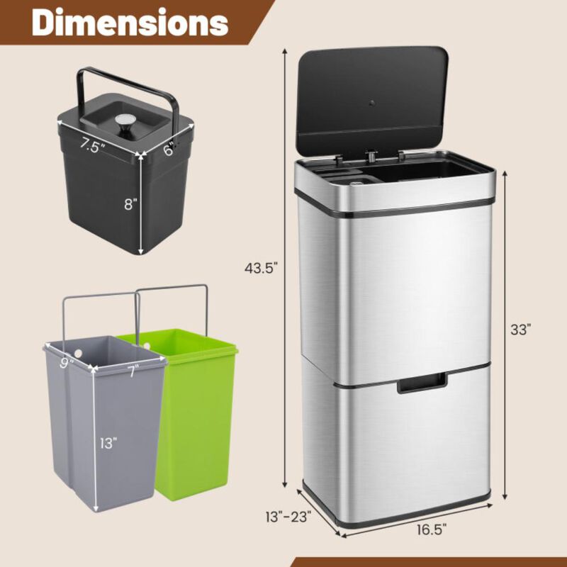Hivvago 19 Gal Stainless Steel Trash Can with Kitchen Waste Bin and 2 Bottom Recycling Bins-Silver