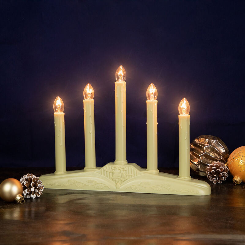 14.5" Ivory 5-Lights Christmas Chandelier on Holly Berry and Bell Base Candle Lamp