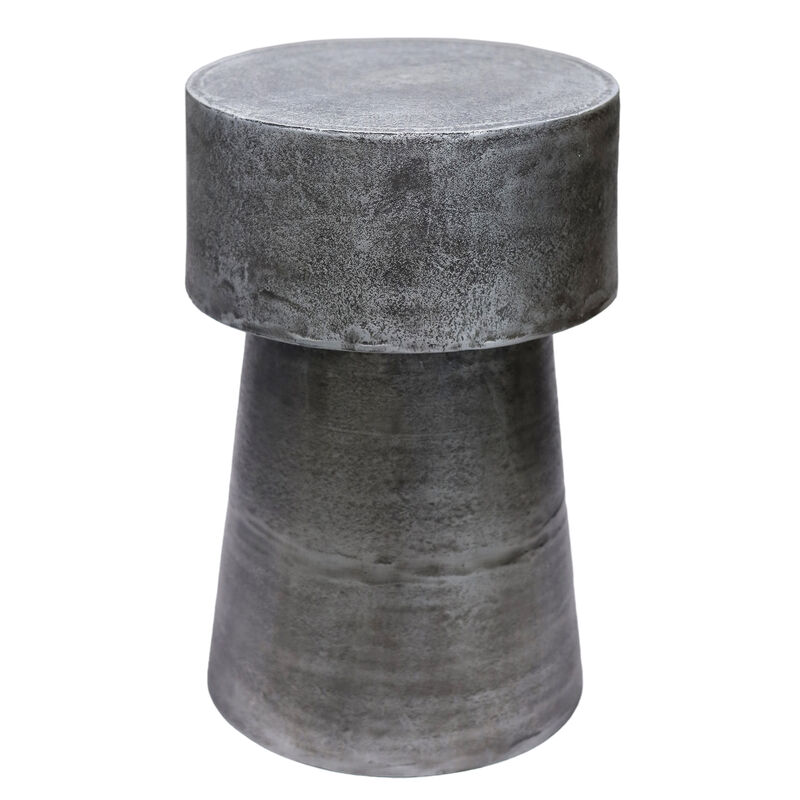 Vintage Accent Side Table, 15.5 Inch Round, Antique Silver Cast Aluminum Drum Base