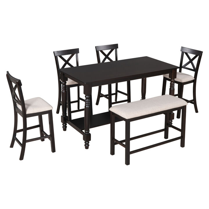 6-Piece Counter Height Dining Table Set Table With Shelf 4 Chairs And Bench For Dining Room