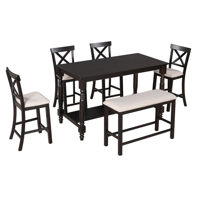 6-Piece Counter Height Dining Table Set Table with Shelf 4 Chairs and Bench
