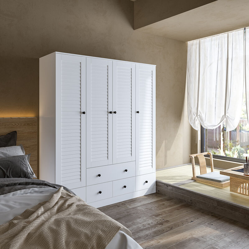 70 in. H x 19 in. D White Wood 59 in. W 4 Shutter Doors Big Armoires Wardwore with 6-Drawers, Hanging Rod