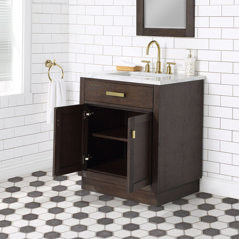 Chestnut 30 In. Single Sink Carrara White Marble Countertop Bath Vanity In Brown Oak with Satin Gold Hardware