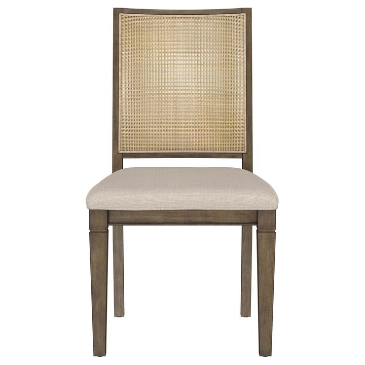 Andy Dining Side Chair Set of 2, Woven Rattan, Gray Fabric, Brown Wood - Benzara