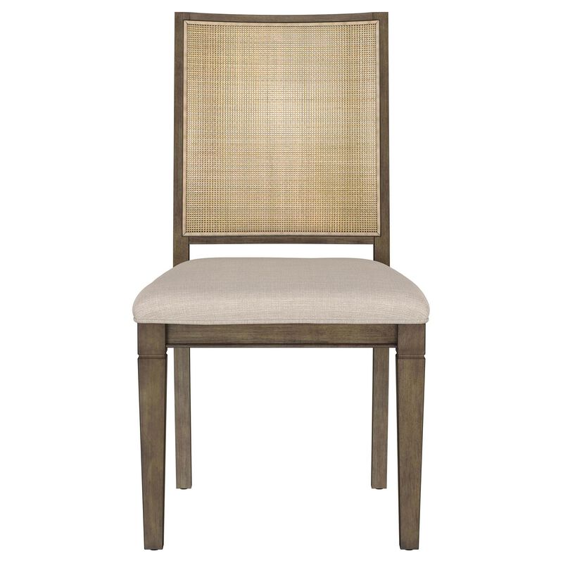 Andy Dining Side Chair Set of 2, Woven Rattan, Gray Fabric, Brown Wood - Benzara