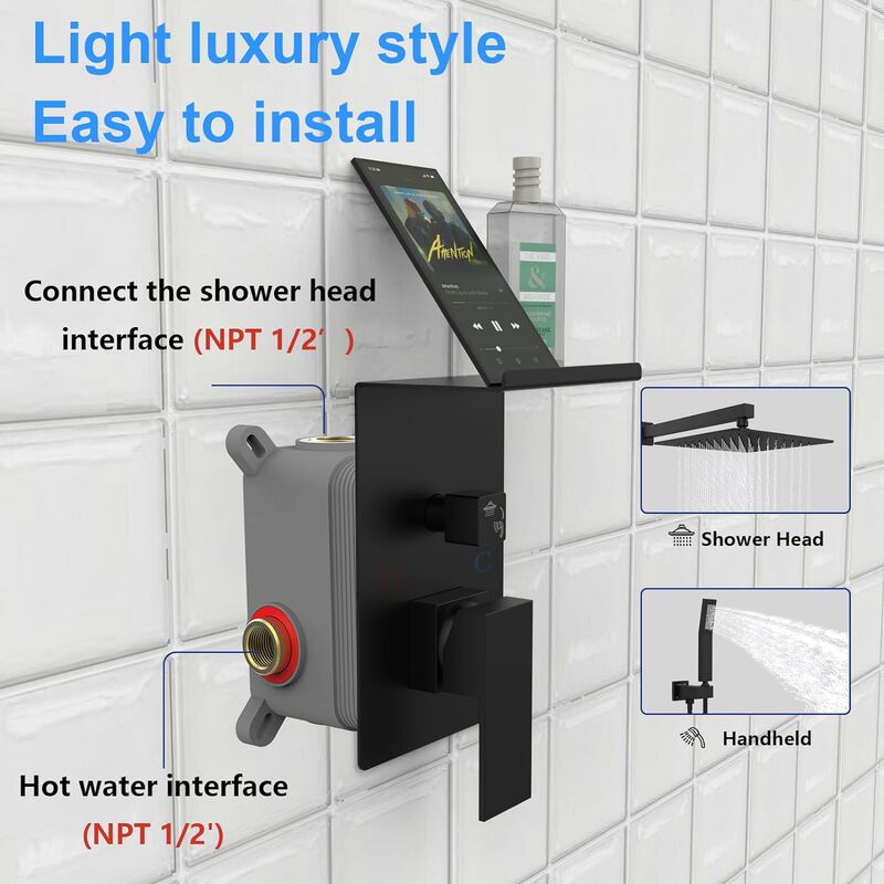Rainfall Shower System with Storage Shelf High-Pressure Shower Head & Handheld Combo