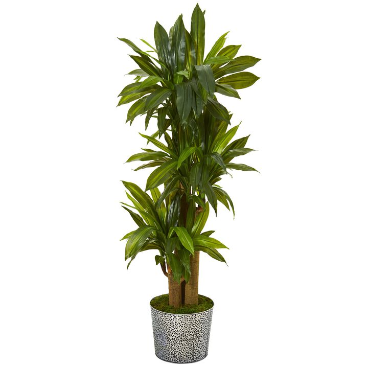 Hivvago 58" Corn Stalk Dracaena Artificial Plant in Black Embossed Tin Planter (Real Touch)