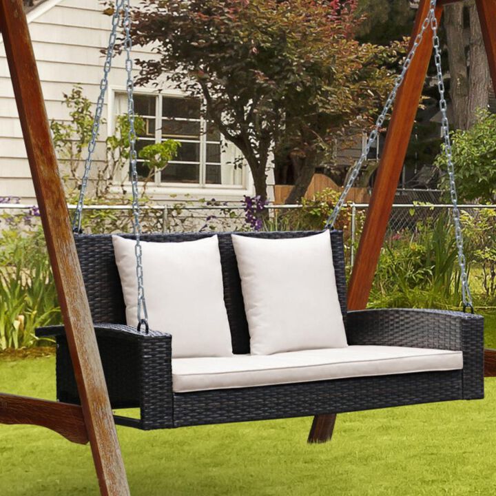Hivvago 2-Person Wicker Hanging Porch Swing with 2 Back Cushions and 1 Seat Cushion