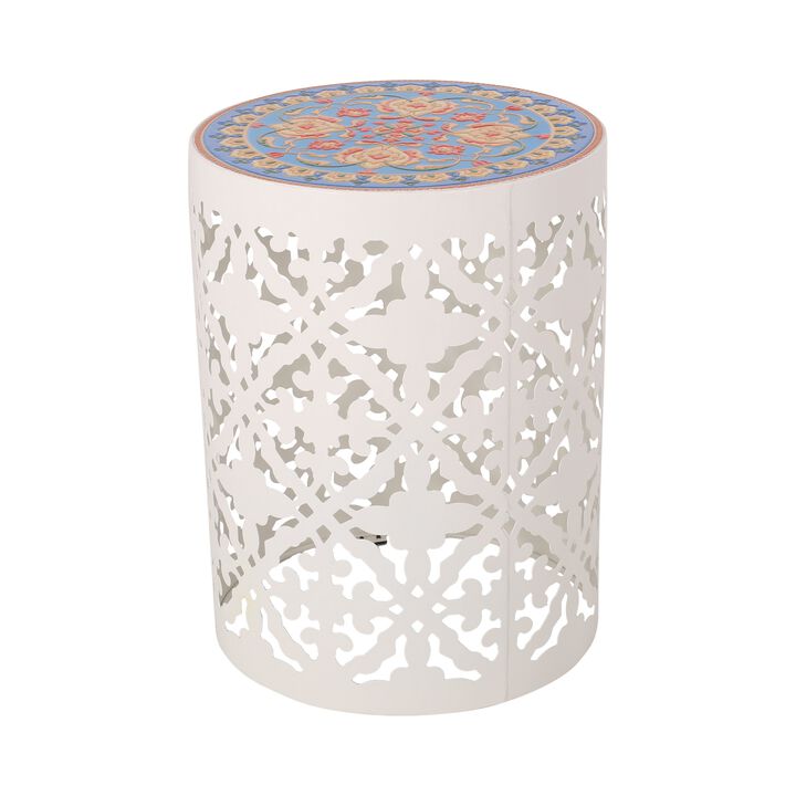 Riki Side End Table, 14 Inch, Mosaic Tile Rattan, White Lace Cut Metal - Benzara
