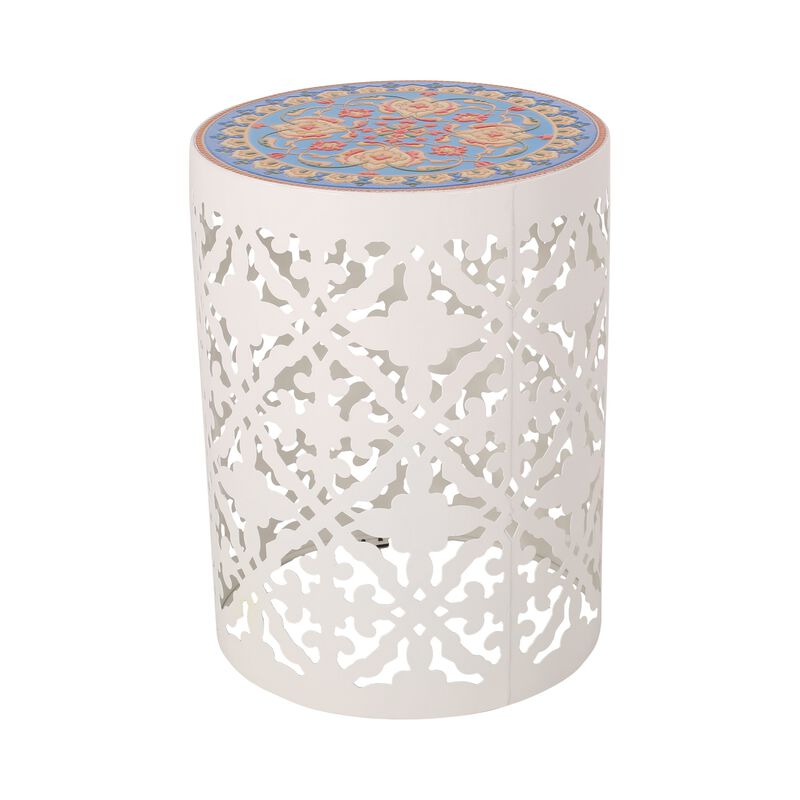 Riki Side End Table, 14 Inch, Mosaic Tile Rattan, White Lace Cut Metal - Benzara