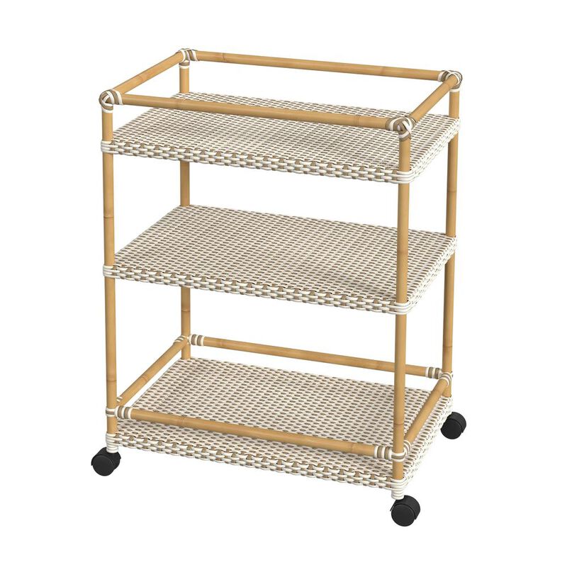 Butler Specialty Tobias Outdoor Rattan and Metal 3- Tier Rattan Bar Cart, Beige and White
