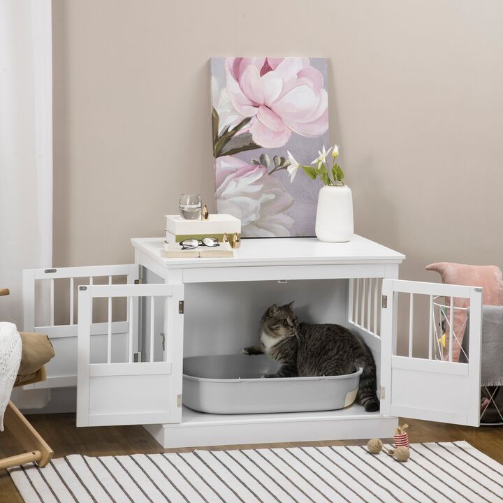 White Pet Haven: Wooden Dog Crate End Table with Triple Doors