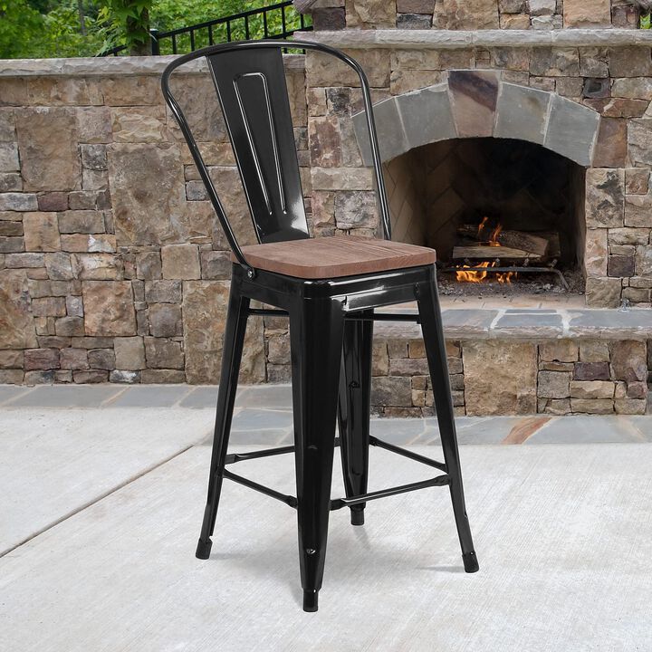 Flash Furniture Lily 24" High Black Metal Counter Height Stool with Back and Wood Seat