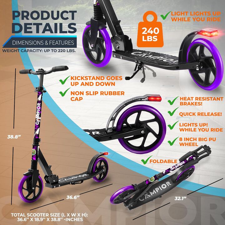 Kick Scooter for Ages 6+, for Kids, Teens, and Adults, Max Load 240 LBS, Foldable, 8-inch Big Wheels for Kids and Adults, with Kickstand, 3 Adjustable Levels, Child Safety Approved