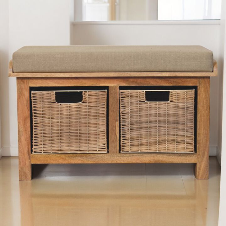 Artisan Furniture Solid Wood Rattan Basket Linen Bench