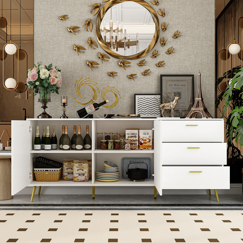 White Wood Buffet Sideboard Storage Cabinet 3-Drawers 2-Cabinets Shelves Kitchen Dining 69 in. W x 30 in. H x 15.6 in. D