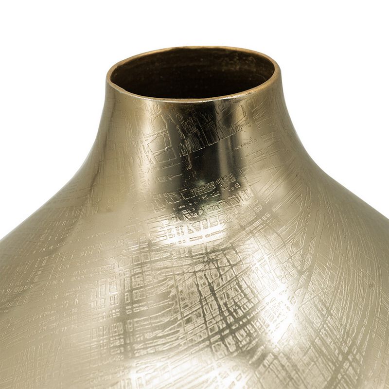 Pansy 19 Inch Modern Vase, Metal, Tall Curved Bottleneck Shape, Gold Finish - Benzara