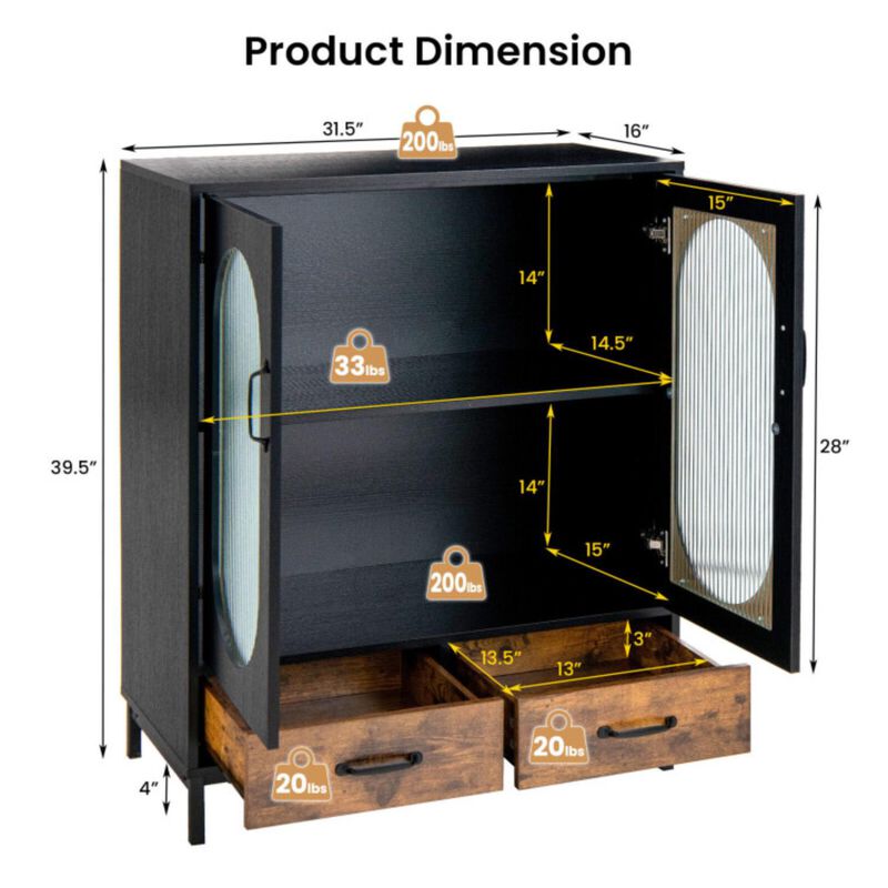 Hivvago Kitchen Industrial Buffet Sideboard with Tempered Glass Doors-Black