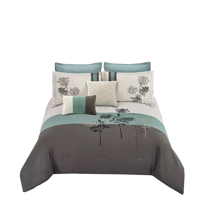 8 Piece King Polyester Comforter Set with Floral Embroidery, Multicolor - Benzara