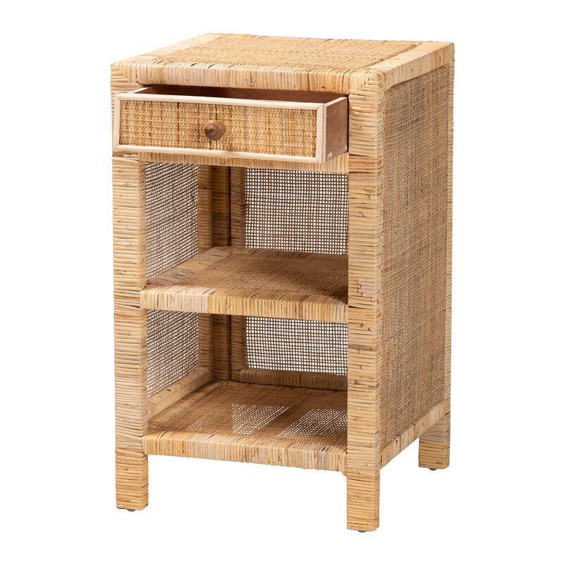 Baxton Studio Bella Natural Brown Mahogany Wood And Natural Rattan 1 Drawer Nightstand