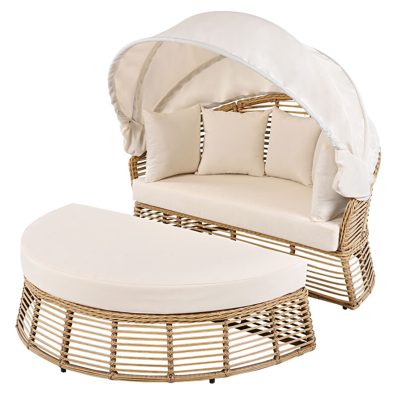 Whisen Outdoor Patio Rattan Round Daybed with Retractable Canopy, Poolside Sofa Sunbed with Removable Cushions - Beige
