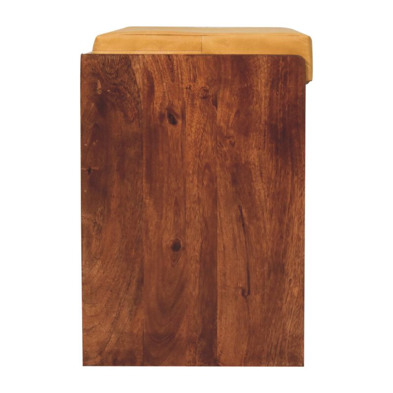 Artisan Furniture Solid Wood, Upholstered Buffalo Hide Pull out Honey Caramel Shoe Storage Bench