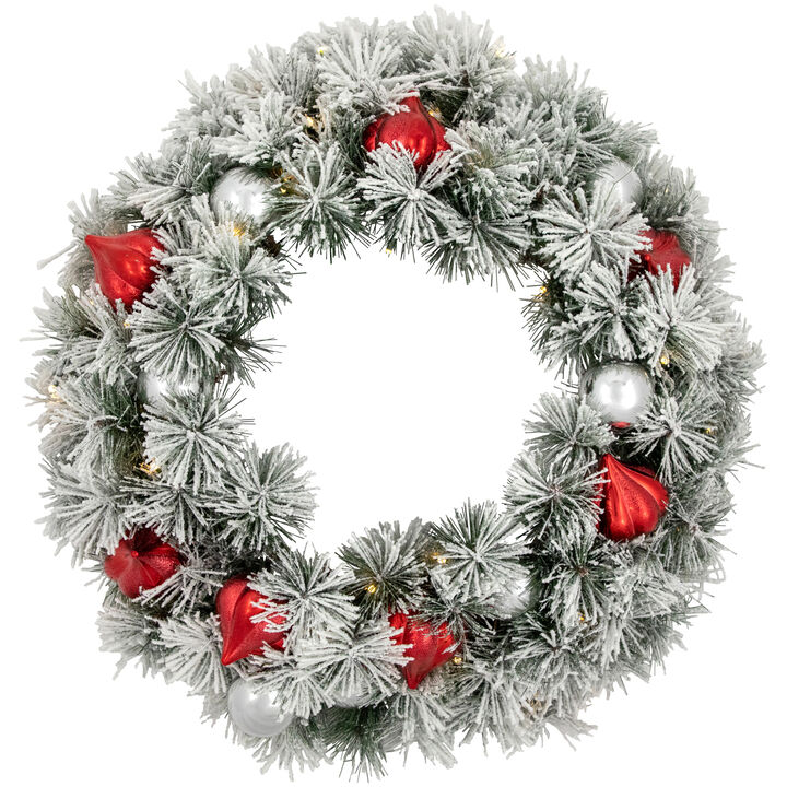 Pre-Lit Snowy Bristle Pine Christmas Wreath  24-Inch  Warm White LED Lights