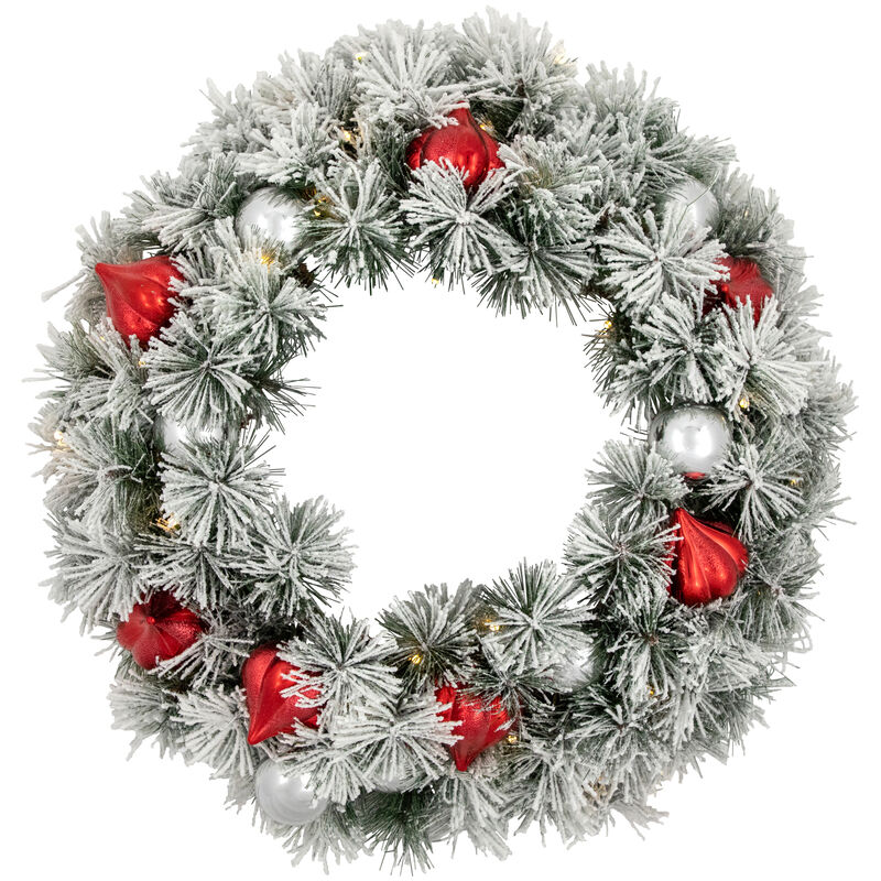 Pre-Lit Snowy Bristle Pine Christmas Wreath  24-Inch  Warm White LED Lights