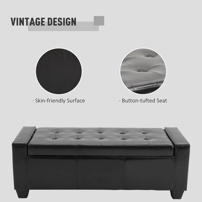 Versatile Black Beauty: 50.5" Tufted Faux Leather Storage Ottoman