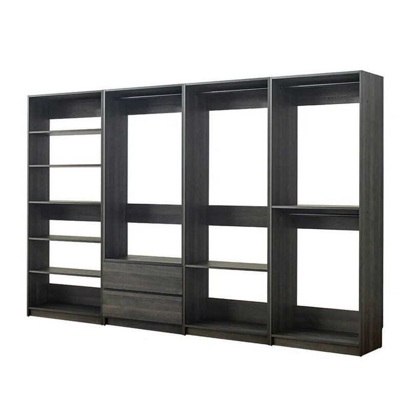 Dee Modular Freestanding Closet System, 4 Hanging Rods, 6 Shelves, Gray  - Benzara