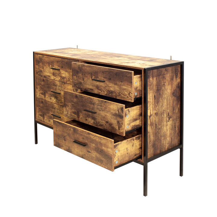 Rustic Brown 6 Drawer Double Dresser with Steel Frame