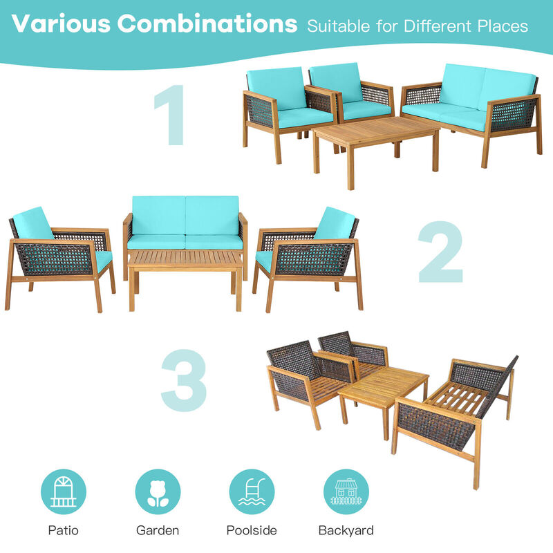 4 Pieces Patio Rattan Furniture Set with Removable Cushions