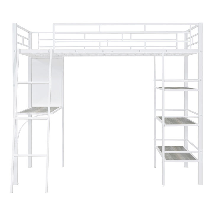 Merax Metal Loft  Bed with  Desk and 3 Layers of Shelves