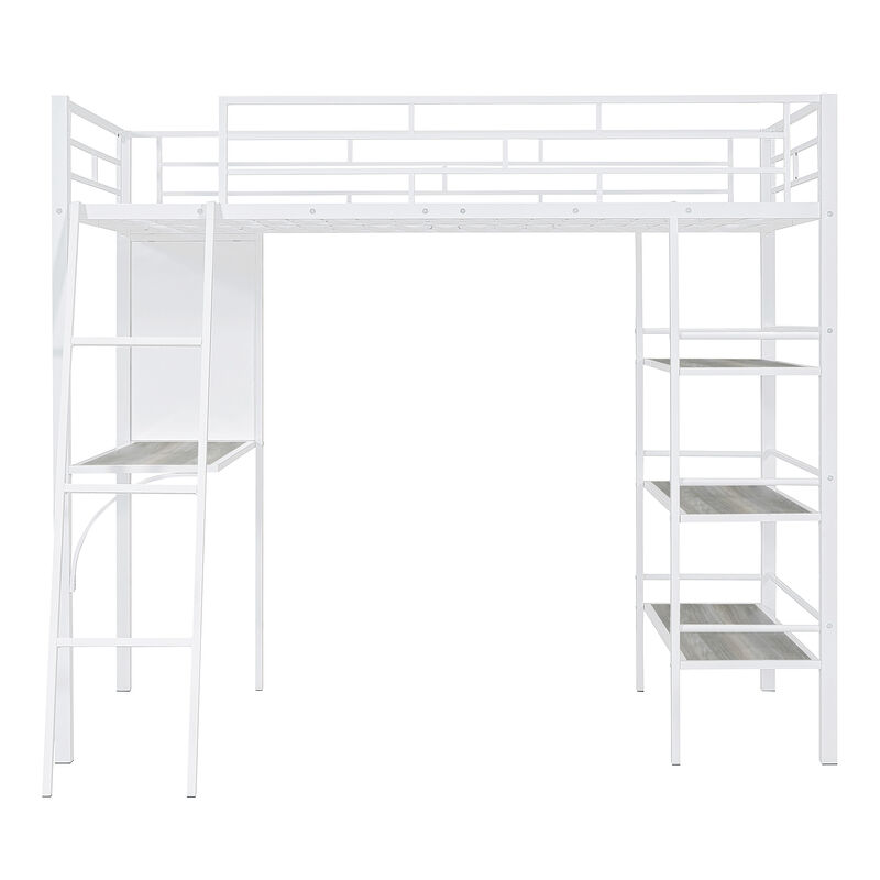 Merax Metal Loft  Bed with  Desk and 3 Layers of Shelves