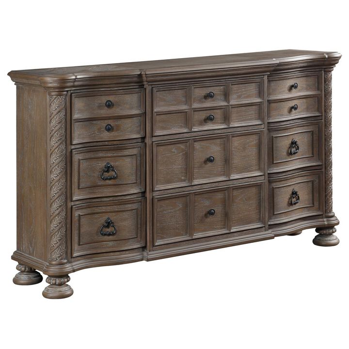 Benjara Emme 66 Inch Dresser with 9 Drawers and Bun Feet, Oak Brown Wood