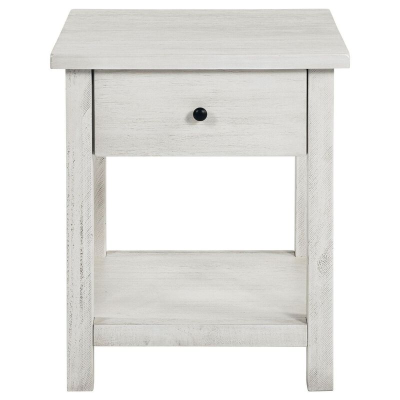 Ayne Side End Table, 1 Drawer, Distressed White Wood, Square 20 Inch - Benzara