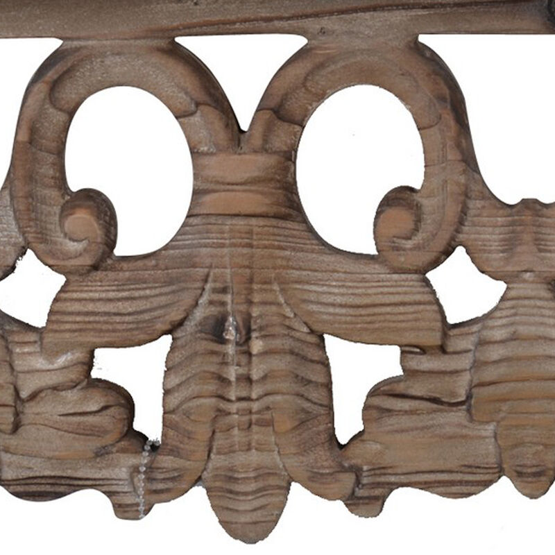 23.5 Inches Wooden Wall Shelf with Scrollwork, Small, Brown-Benzara