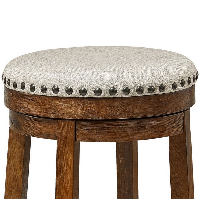 Zane 24 Inch Backless Swivel Counter Stool, Round Beige Seat, Brown Wood - Benzara