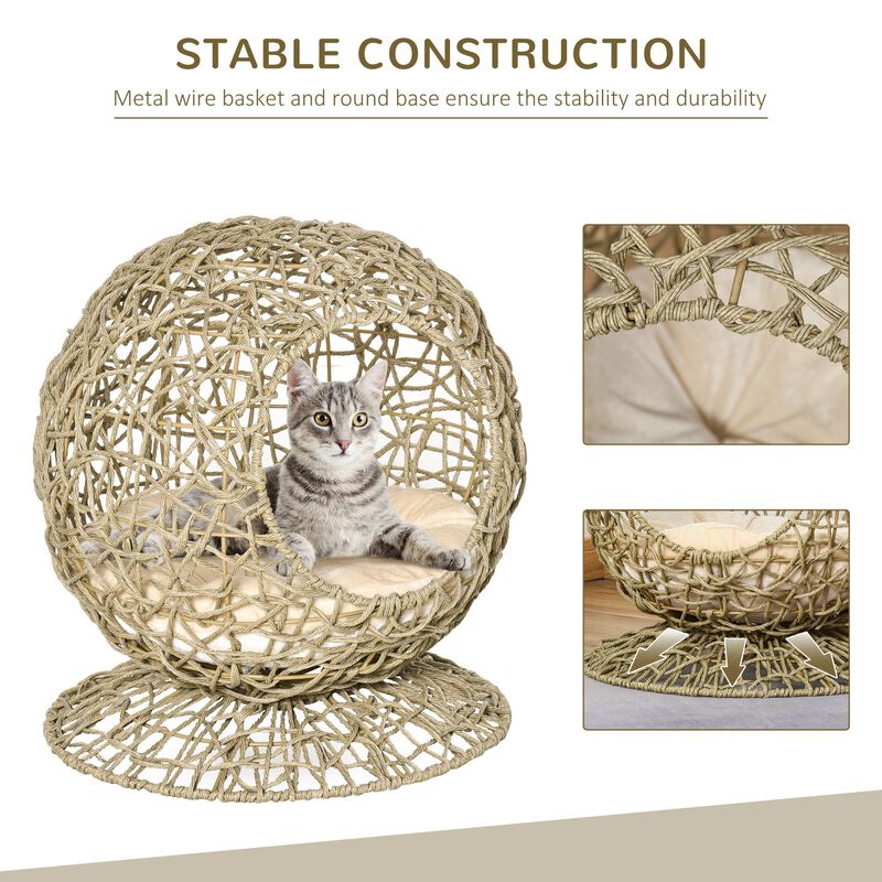 Brown Kitty Haven: Elevated Wicker Cat Bed with Soft Cushion