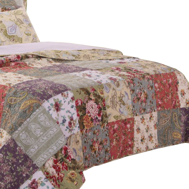 Chicago 5 Piece Fabric Queen Size Quilt Set with Jacobean Prints,Multicolor - Benzara