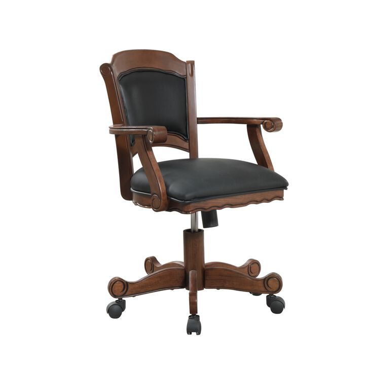 Snug Arm Game Chair with Casters and Fabric Seat and Back, Brown - Benzara