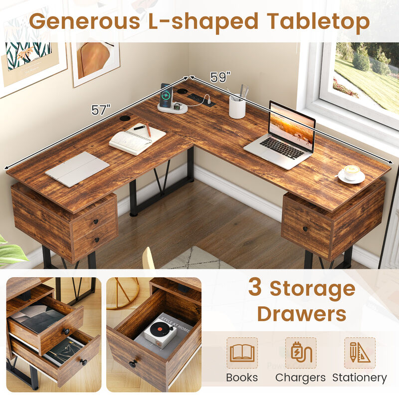 L-Shaped Computer Desk with Power Outlets and 3 Spacious Storage Drawers