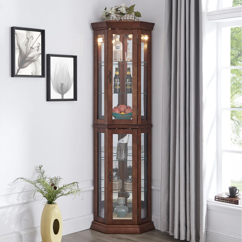 Walnut Corner Curio Cabinet with Lights & Adjustable Shelves