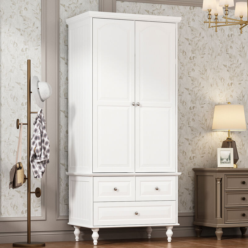 White Paint Wood 2-Door Armoires with Hanging Rod, 3-Drawers, Adjustable Shelves 70.9 in. H x 31.5 in. W x 19.7 in. D